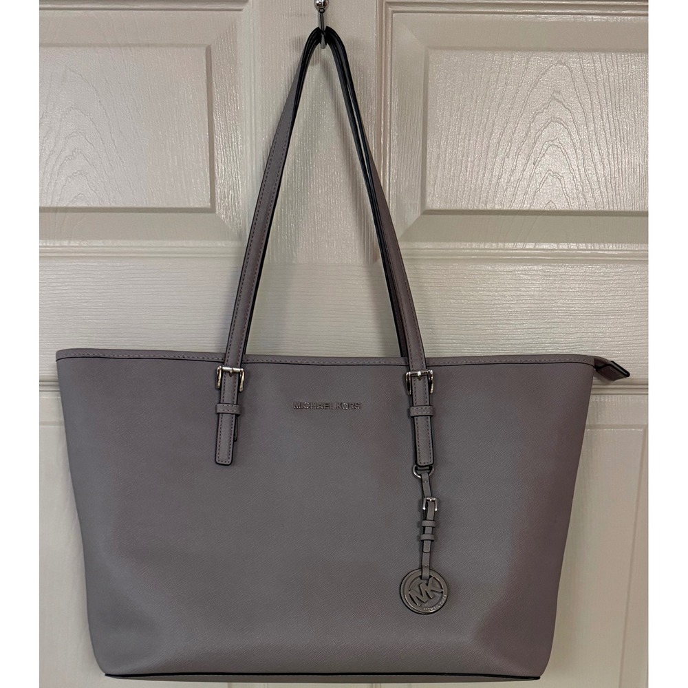 Michael Kors Charlotte Large Gray Saffiano Leather Top Zip Shoulder Tote Bag